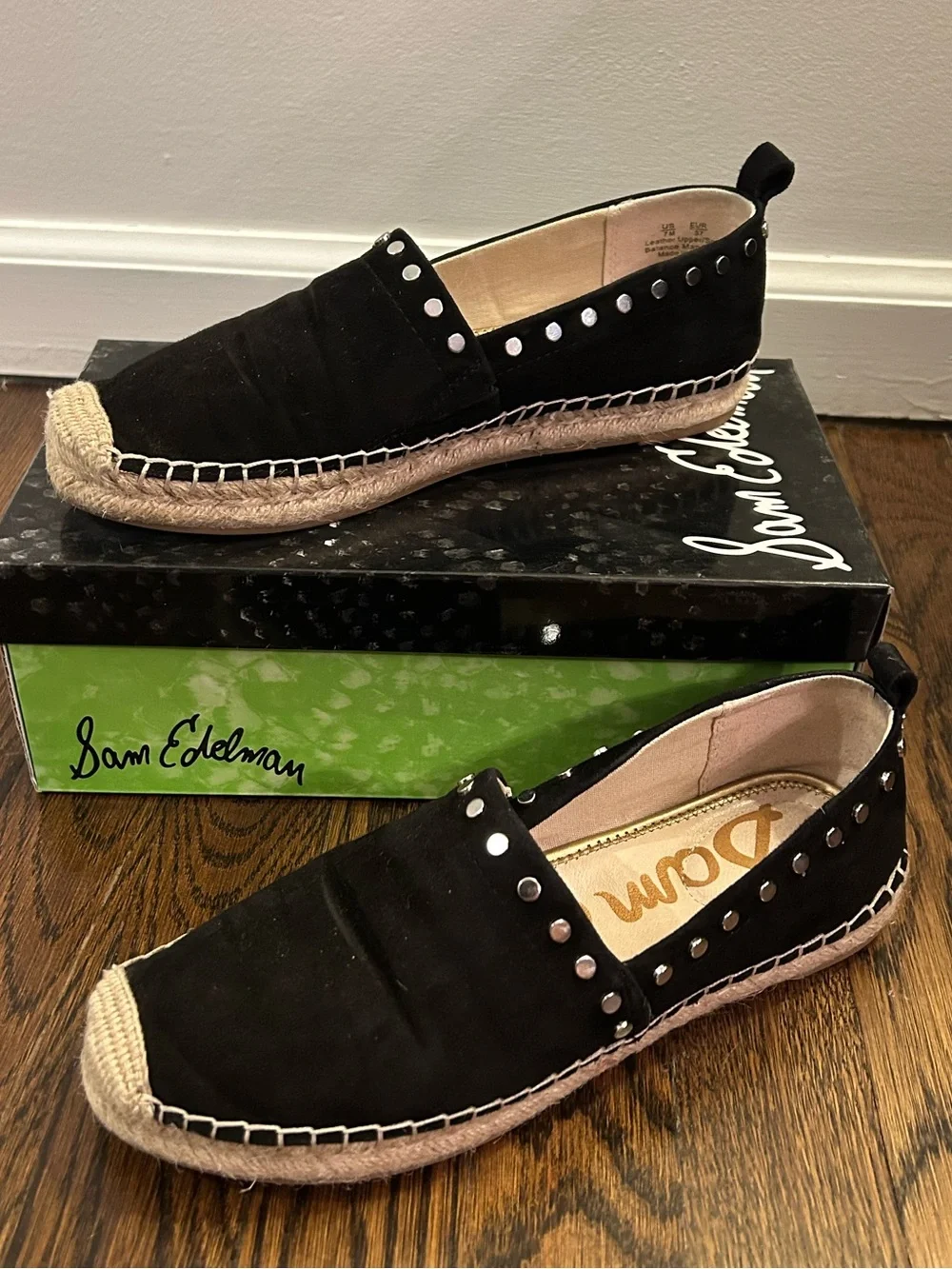 Sam Edelman Koda Black Suede Studded Espadrille Flats